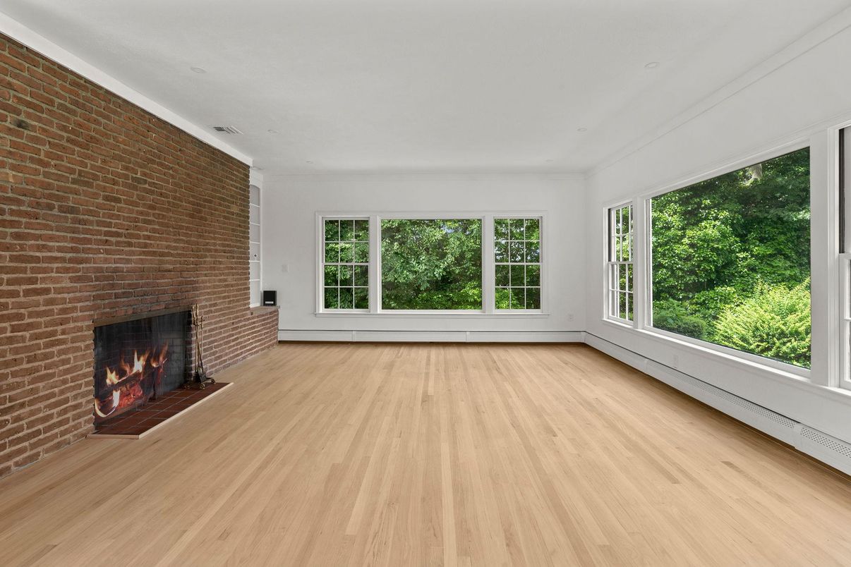 Empty room, Fireplace, Interior, Stone Walls, Wood Texture Flooring