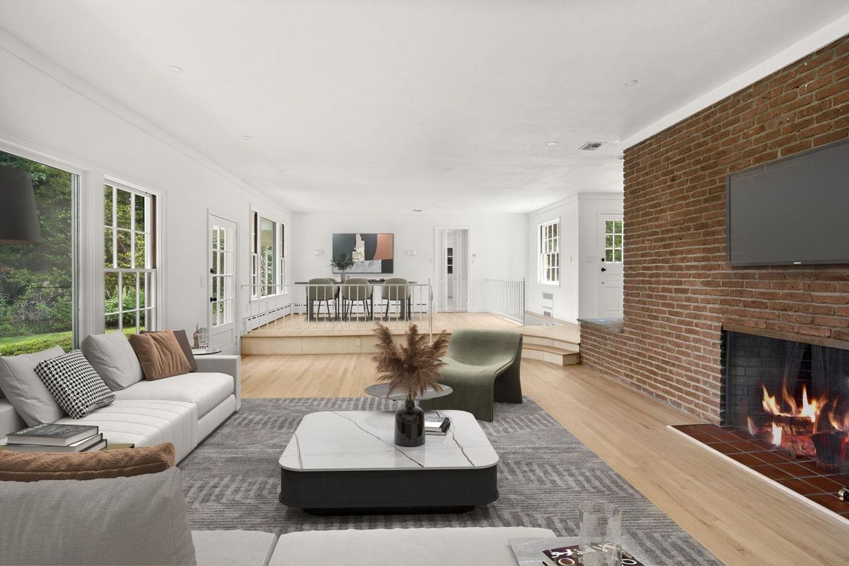 Fireplace, Interior, Living room, Recessed Lighting, Stone Walls, Wood Texture Flooring