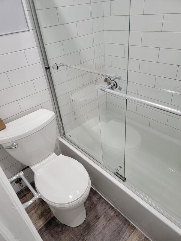 Bathroom, Glass Shower, Interior, Wood Texture Flooring