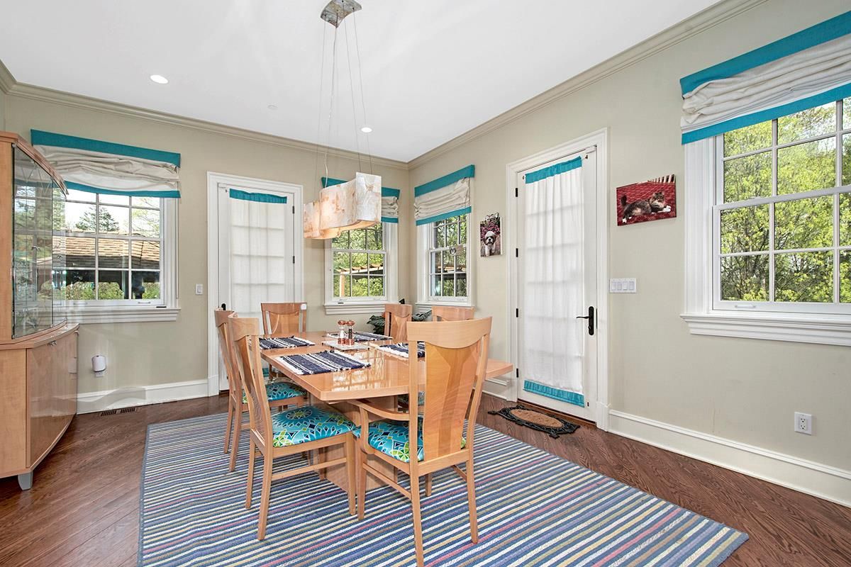 Dining room, Interior, Pendant Lights, Recessed Lighting, Wood Texture Flooring