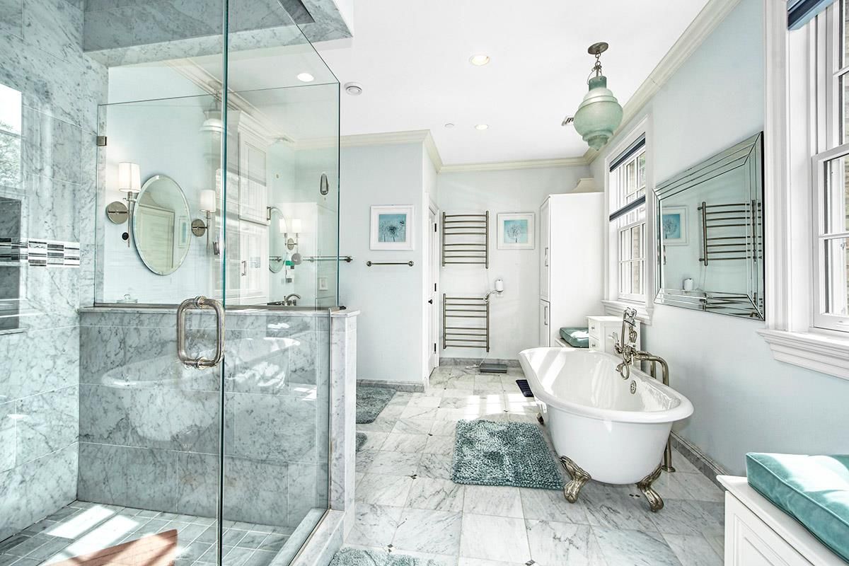Bathroom, Free Standing Baths, Glass Shower, Interior, Marble, Marble Walls, Recessed Lighting