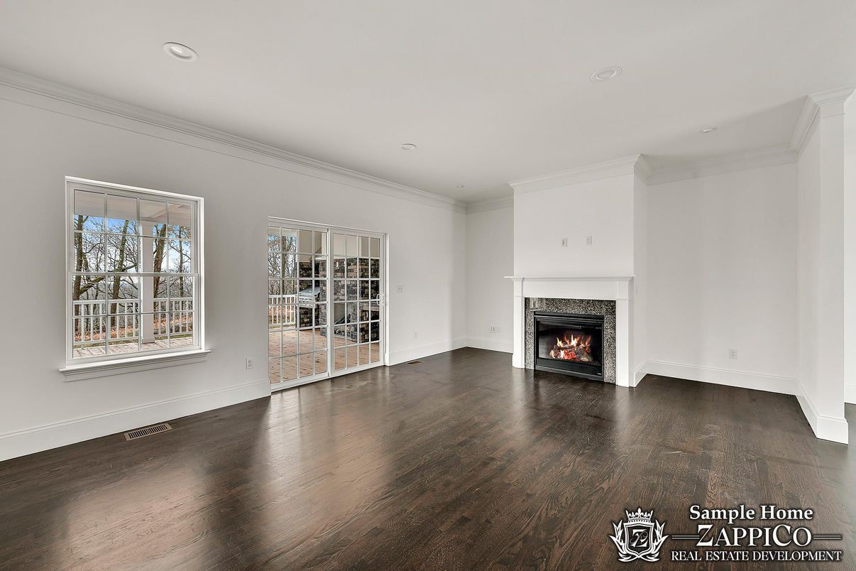 Empty room, Fireplace, Interior, Recessed Lighting, Wood Texture Flooring
