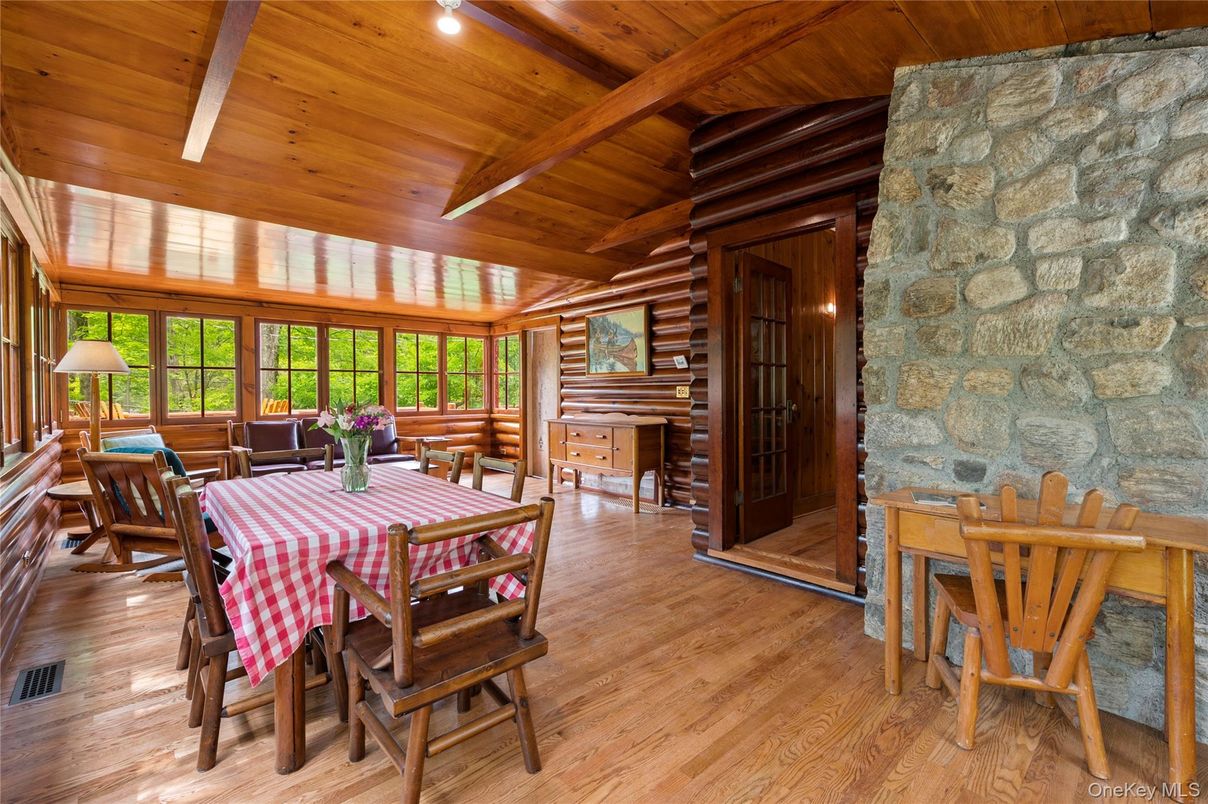 Dining room, Fireplace, Interior, Stone Walls, Wooden Beams, Wooden Ceilings, Wood Texture Flooring
