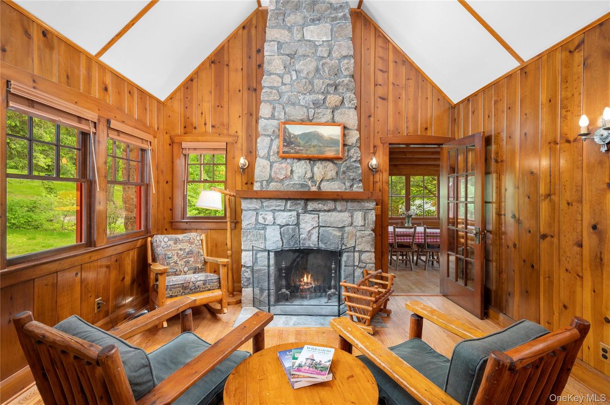 Dining room, Fireplace, Interior, Living room, Stone Walls, Wooden Walls