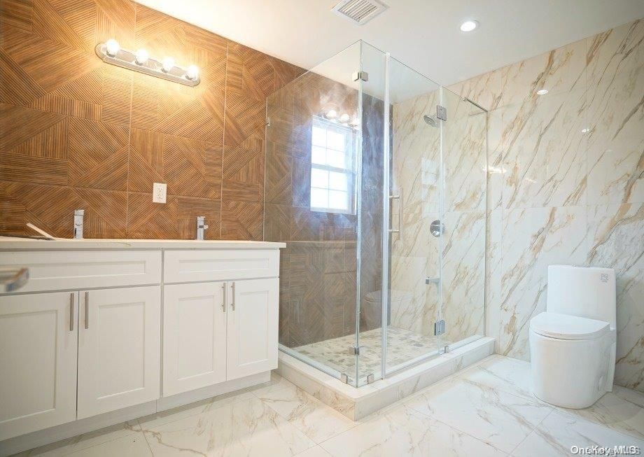 Bathroom, Glass Shower, Interior, Marble, Marble Walls, Recessed Lighting