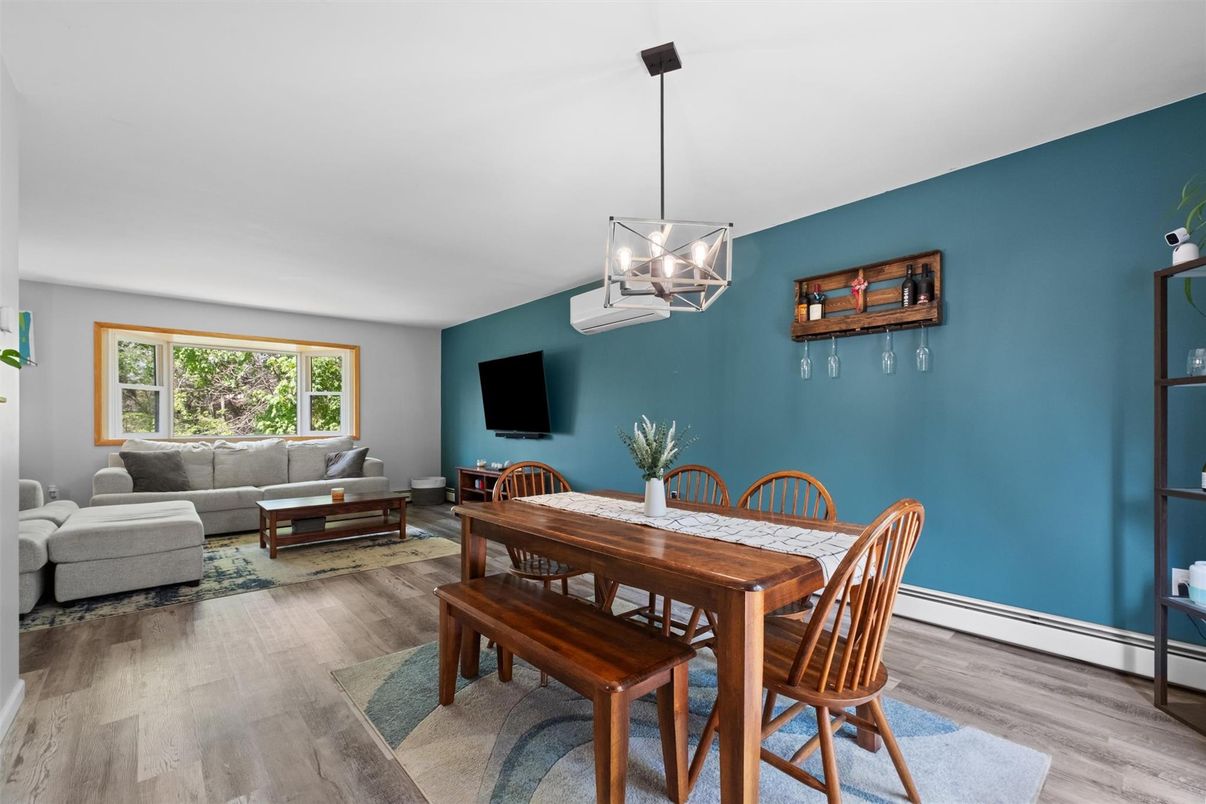 Dining room, Interior, Living room, Pendant Lights, Wood Texture Flooring