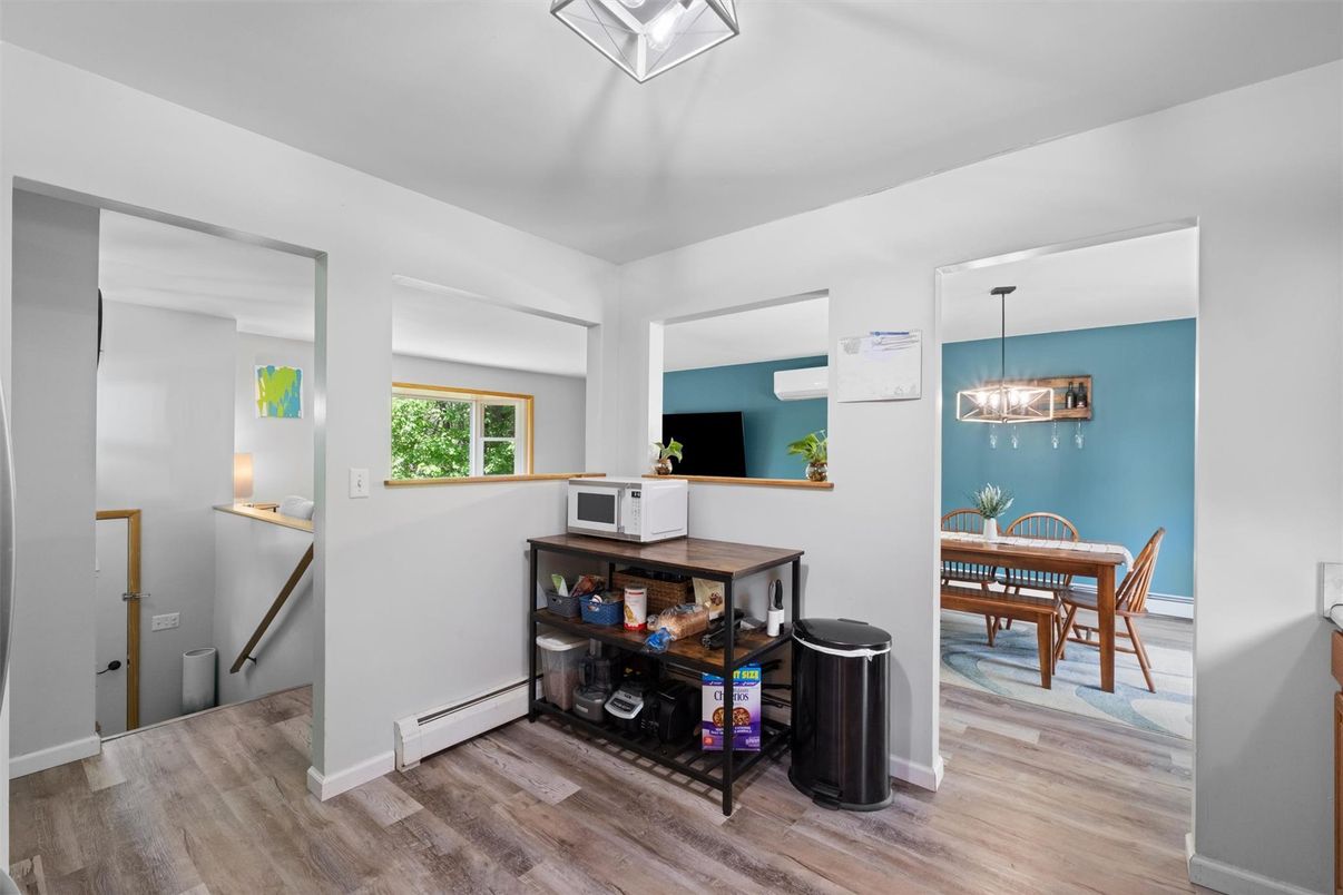 Dining room, Interior, Pendant Lights, Wood Texture Flooring