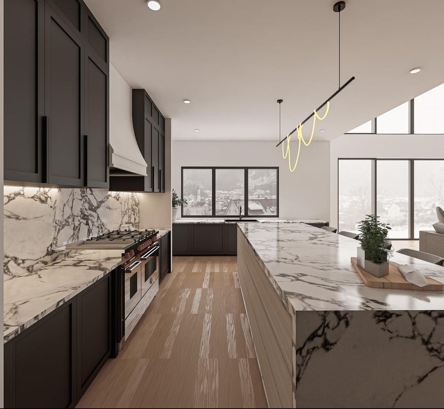 Interior, Kitchen, Marble Walls, Pendant Lights, Recessed Lighting, Stainless Steel Appliances, Wood Texture Flooring
