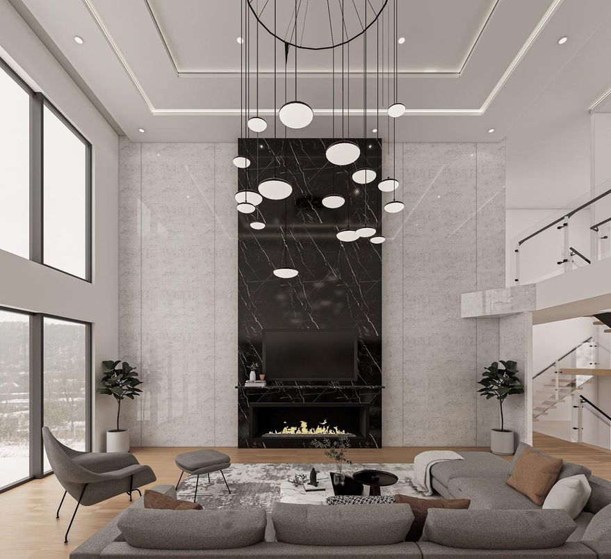 Fireplace, Interior, Living room, Marble Walls, Pendant Lights, Recessed Lighting, Wood Texture Flooring