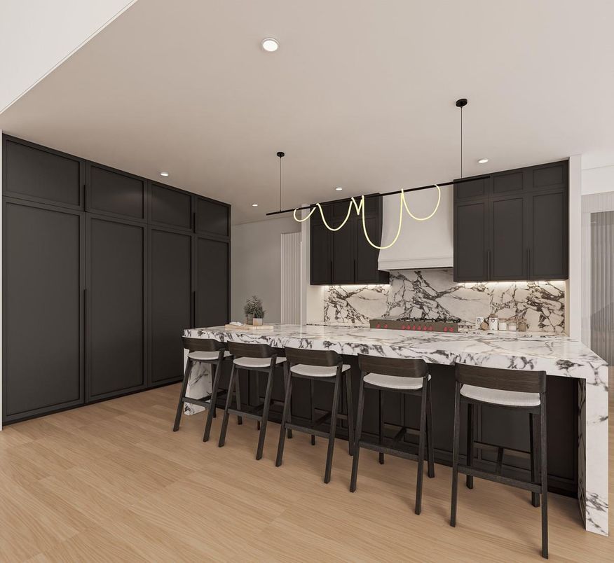 Interior, Kitchen, Marble Walls, Pendant Lights, Recessed Lighting, Wood Texture Flooring