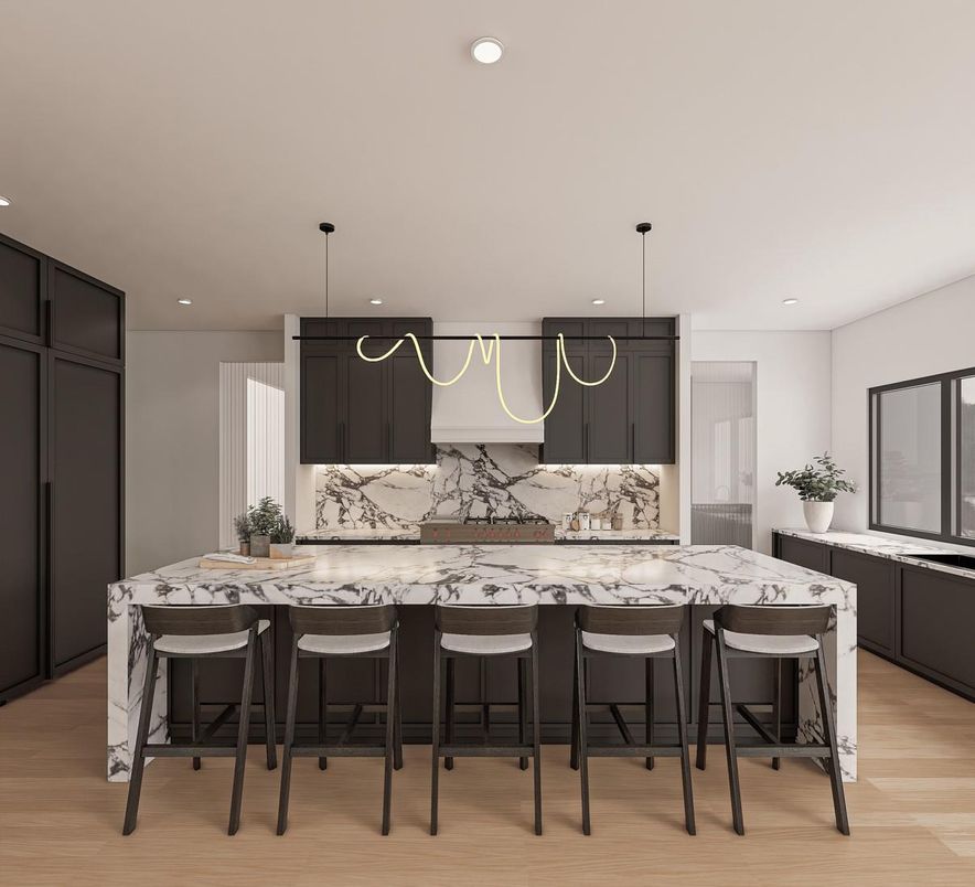 Interior, Kitchen, Marble Walls, Pendant Lights, Recessed Lighting, Wood Texture Flooring