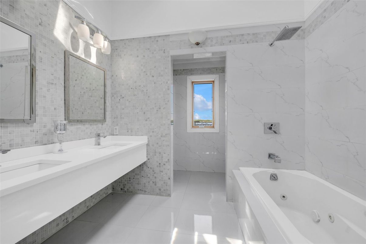 Bathroom, Dual Sink Vanities, Glass Shower, Interior, Marble Walls
