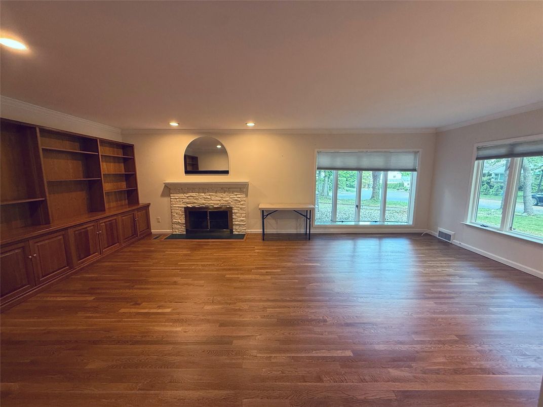 Empty room, Fireplace, Interior, Recessed Lighting, Wood Texture Flooring