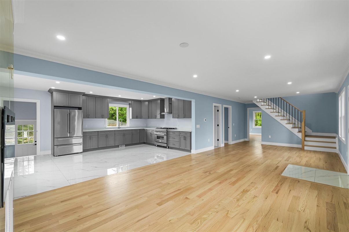 Interior, Kitchen, Marble, Recessed Lighting, Stainless Steel Appliances, Wood Texture Flooring