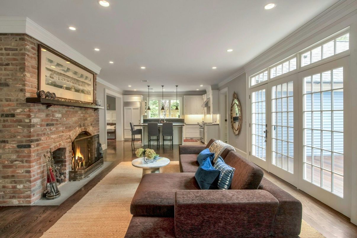 Fireplace, Interior, Kitchen, Living room, Pendant Lights, Recessed Lighting, Stone Walls, Wood Texture Flooring