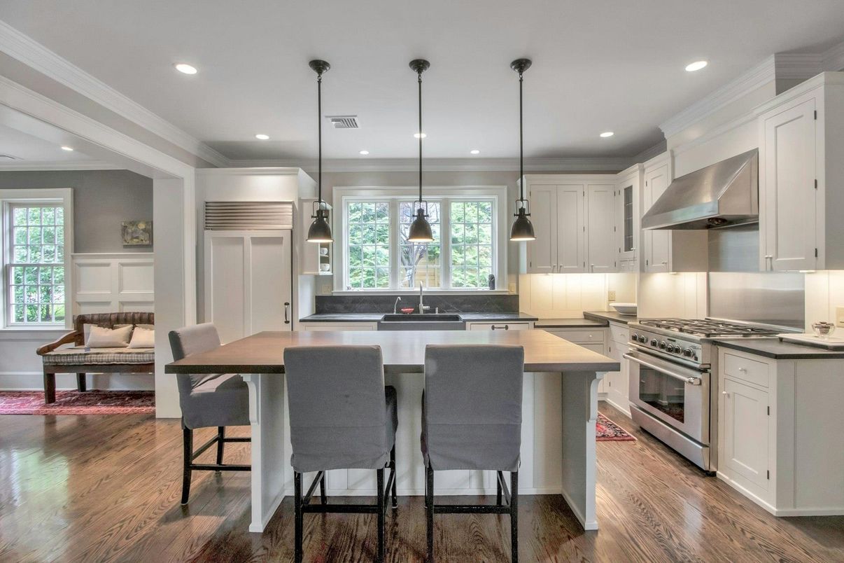 Interior, Kitchen, Pendant Lights, Recessed Lighting, Stainless Steel Appliances, Wood Texture Flooring