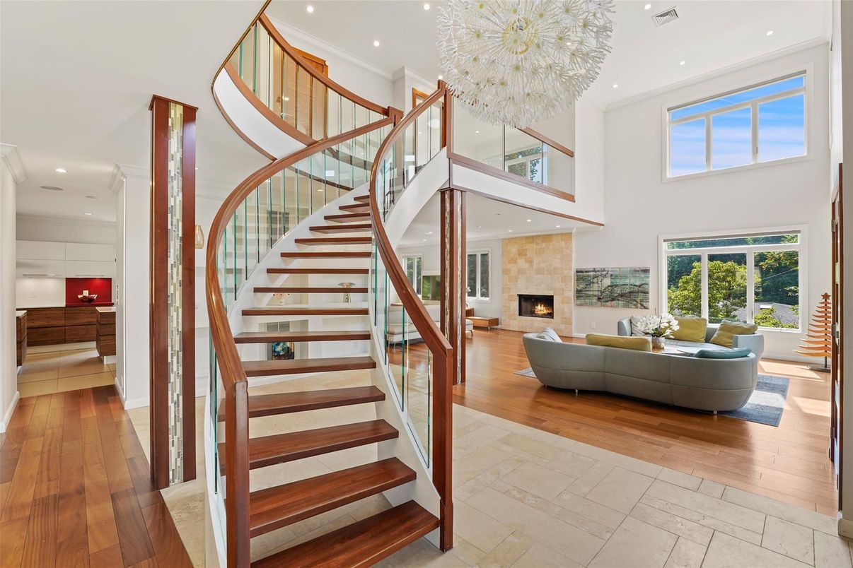 Chandelier, Fireplace, Interior, Living room, Recessed Lighting, Wood Texture Flooring