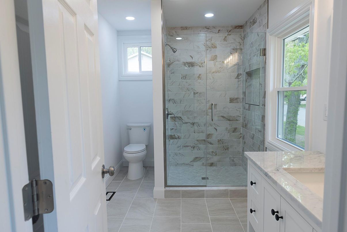 Bathroom, Glass Shower, Interior, Marble Walls, Recessed Lighting