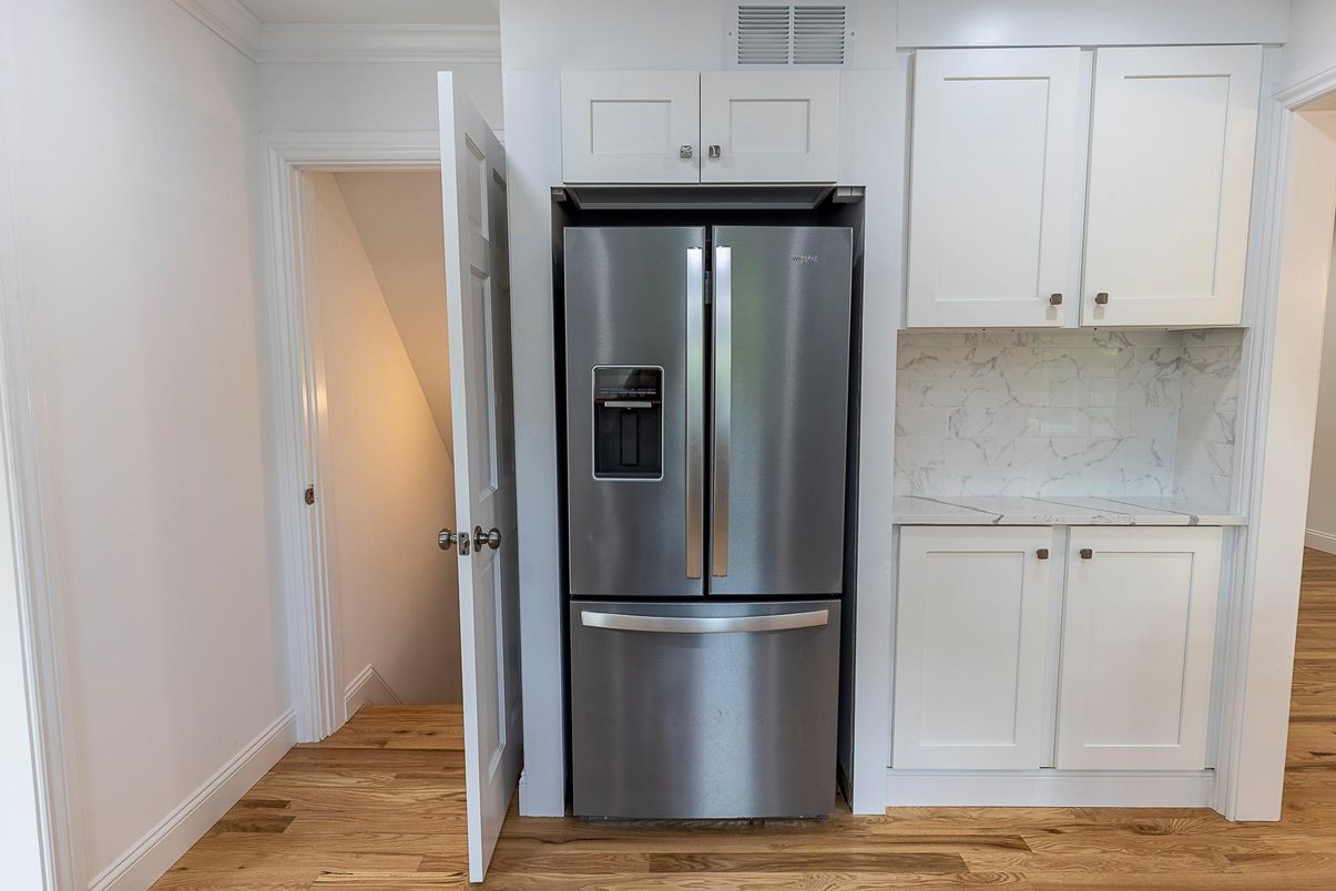 Interior, Kitchen, Marble Walls, Stainless Steel Appliances, Wood Texture Flooring