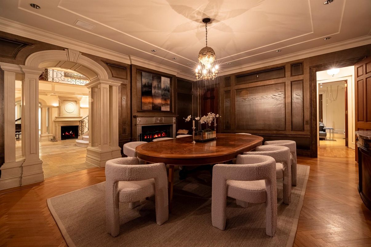 Dining room, Fireplace, Interior, Pendant Lights, Wood Texture Flooring