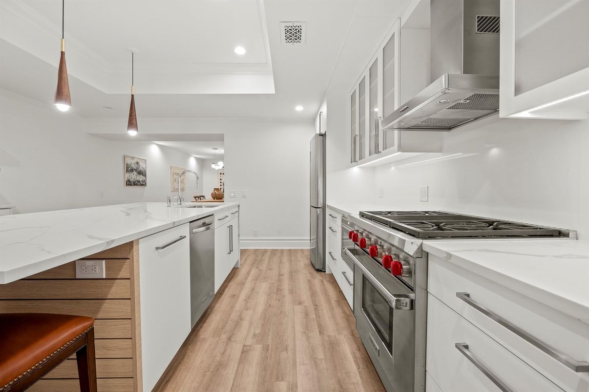 Interior, Kitchen, Pendant Lights, Recessed Lighting, Stainless Steel Appliances, Wood Texture Flooring