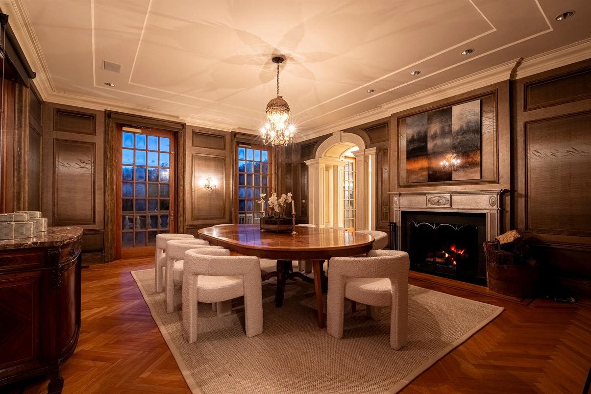 Dining room, Fireplace, Interior, Pendant Lights, Recessed Lighting, Wood Texture Flooring, Wooden Walls