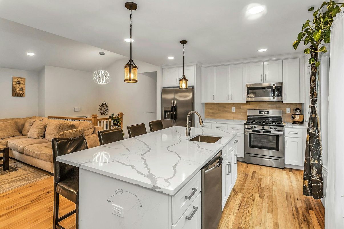 Interior, Kitchen, Living room, Pendant Lights, Recessed Lighting, Stainless Steel Appliances, Wood Texture Flooring