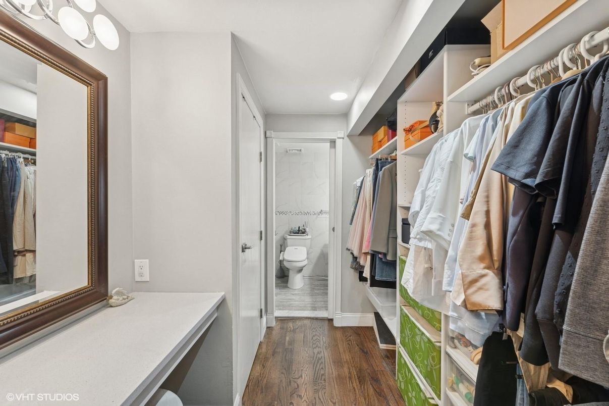 Bathroom, Interior, Recessed Lighting, Walk-in Closets, Wood Texture Flooring