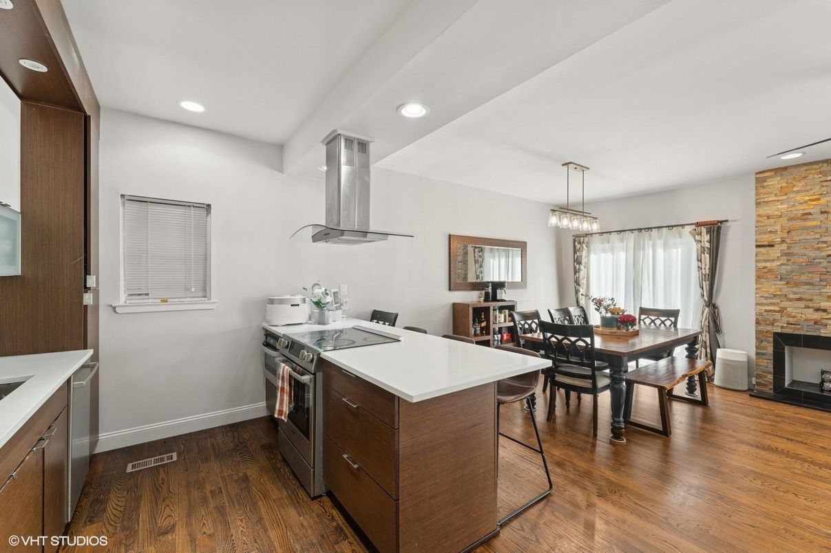 Dining room, Fireplace, Interior, Kitchen, Pendant Lights, Recessed Lighting, Stone Walls, Wood Texture Flooring