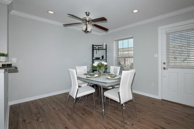 Dining room, Interior, Recessed Lighting, Wood Texture Flooring