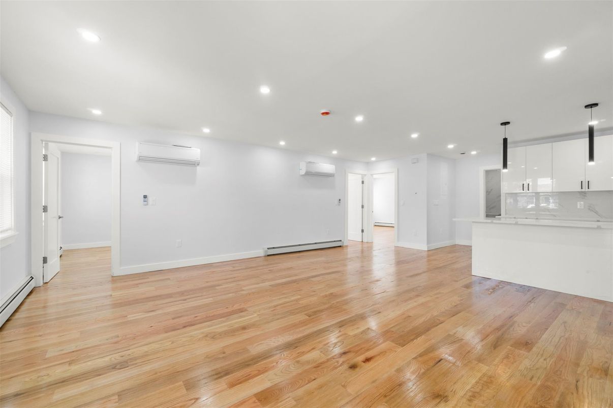 Empty room, Interior, Kitchen, Pendant Lights, Recessed Lighting, Wood Texture Flooring