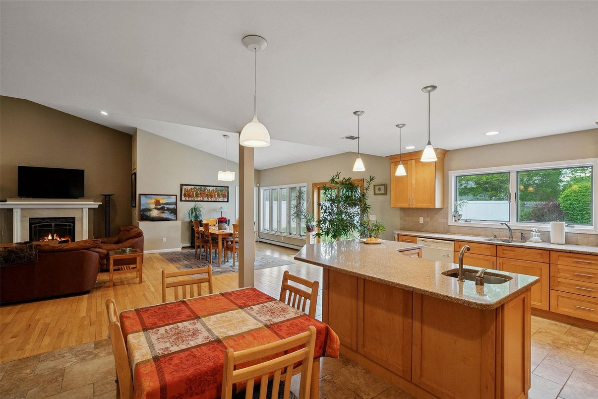 Dining room, Fireplace, Interior, Kitchen, Living room, Pendant Lights, Recessed Lighting, Wood Texture Flooring