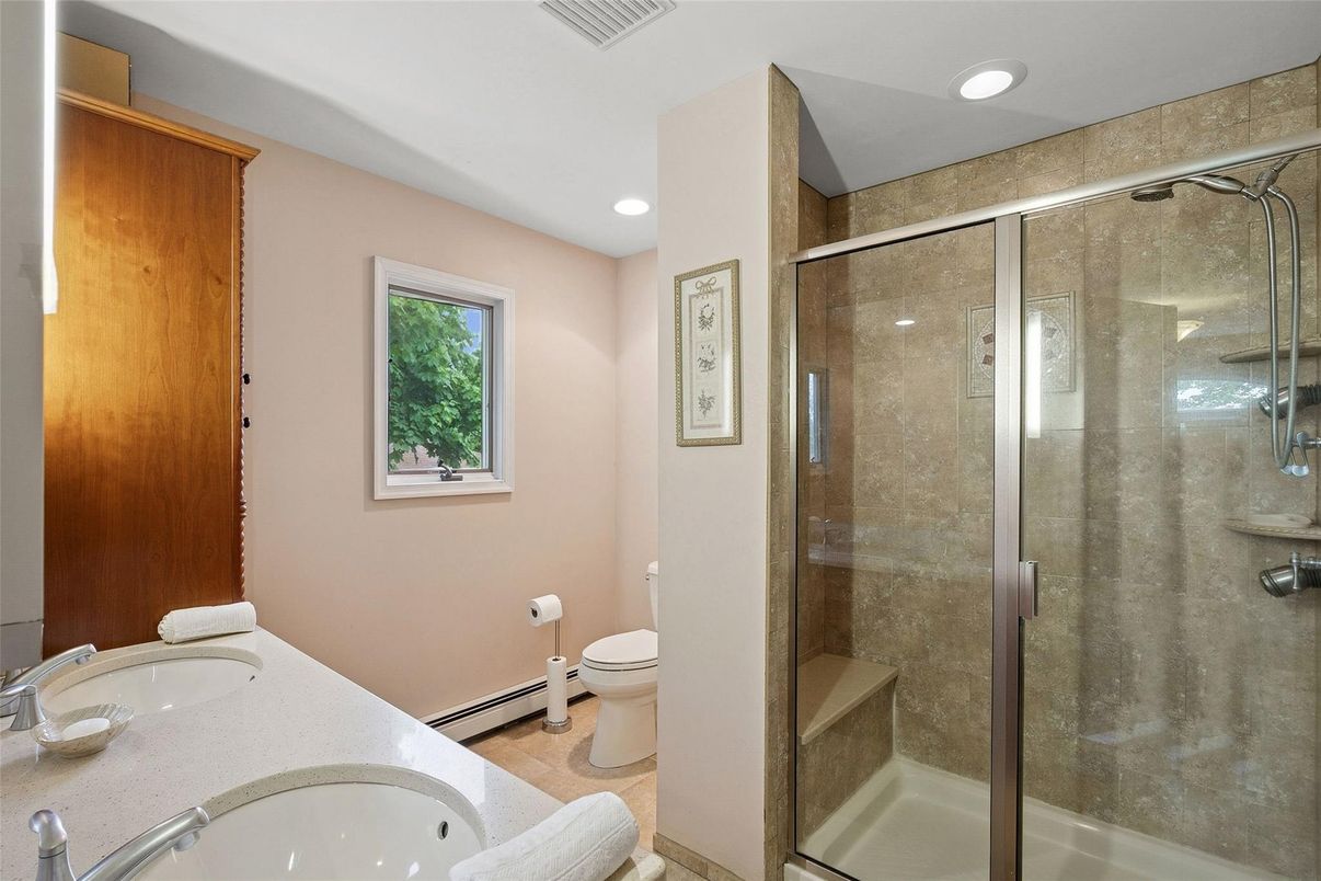 Bathroom, Glass Shower, Interior, Recessed Lighting, Wood Texture Flooring