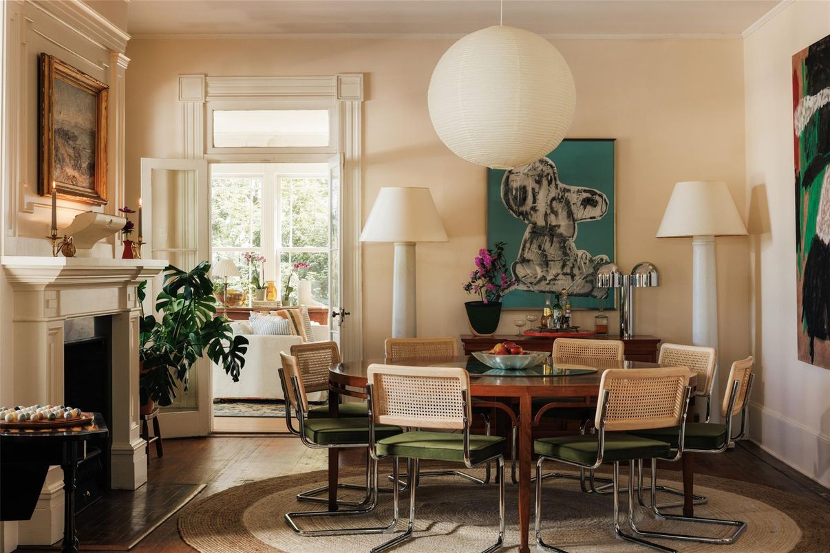 Dining room, Fireplace, Interior, Pendant Lights, Wood Texture Flooring