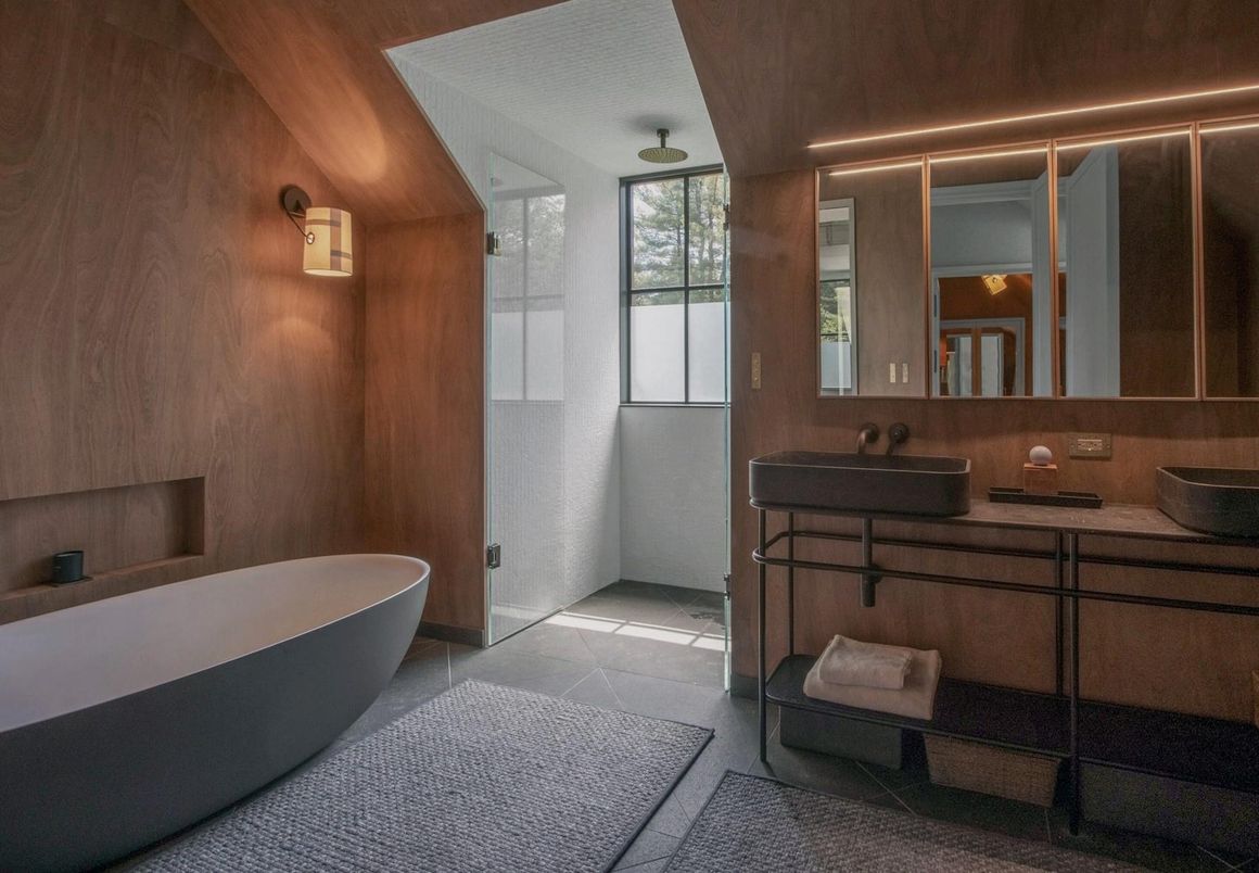 Bathroom, Dual Sink Vanities, Free Standing Baths, Interior, Wooden Walls