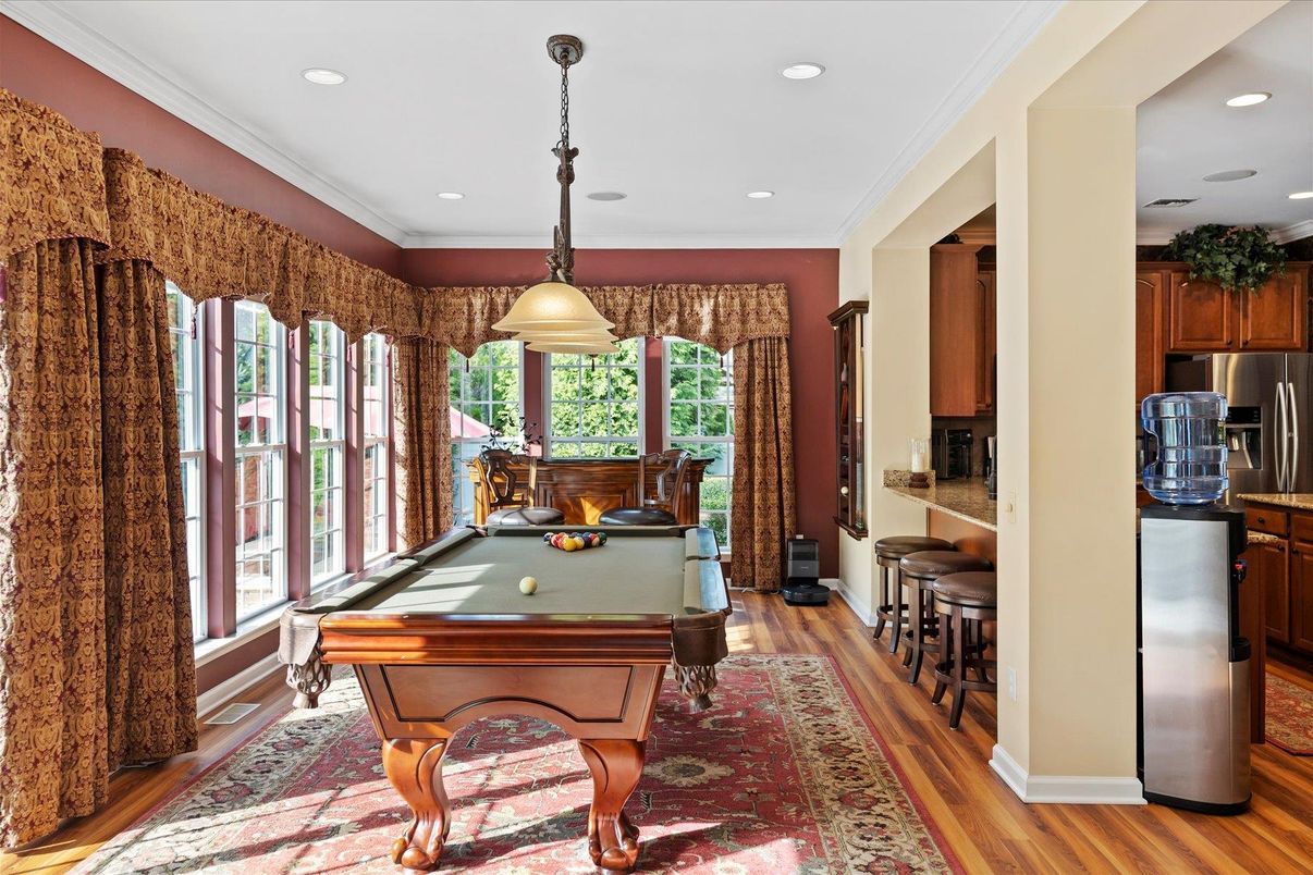 Billiard Table, Game Room, Interior, Kitchen, Pendant Lights, Recessed Lighting, Wood Texture Flooring