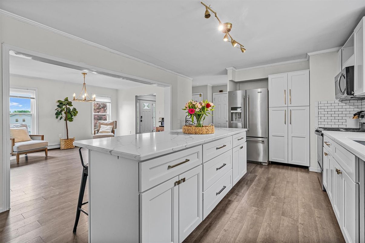 Interior, Kitchen, Pendant Lights, Stainless Steel Appliances, Wood Texture Flooring