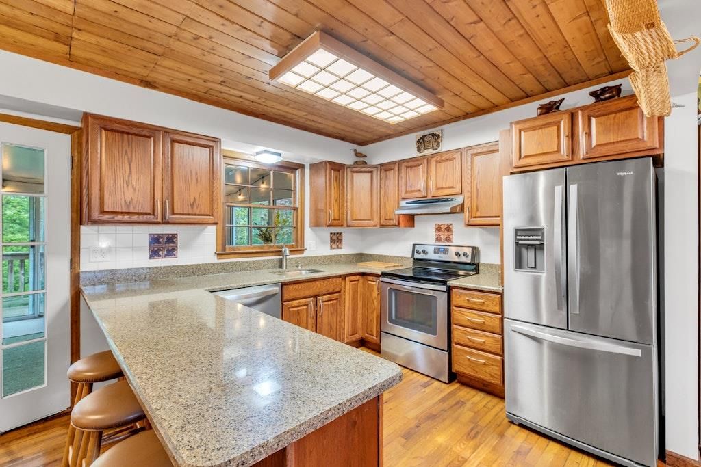 Interior, Kitchen, Stainless Steel Appliances, Wooden Ceilings, Wood Texture Flooring