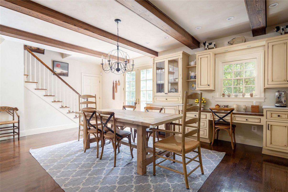 Chandelier, Dining room, Interior, Recessed Lighting, Wooden Beams, Wood Texture Flooring