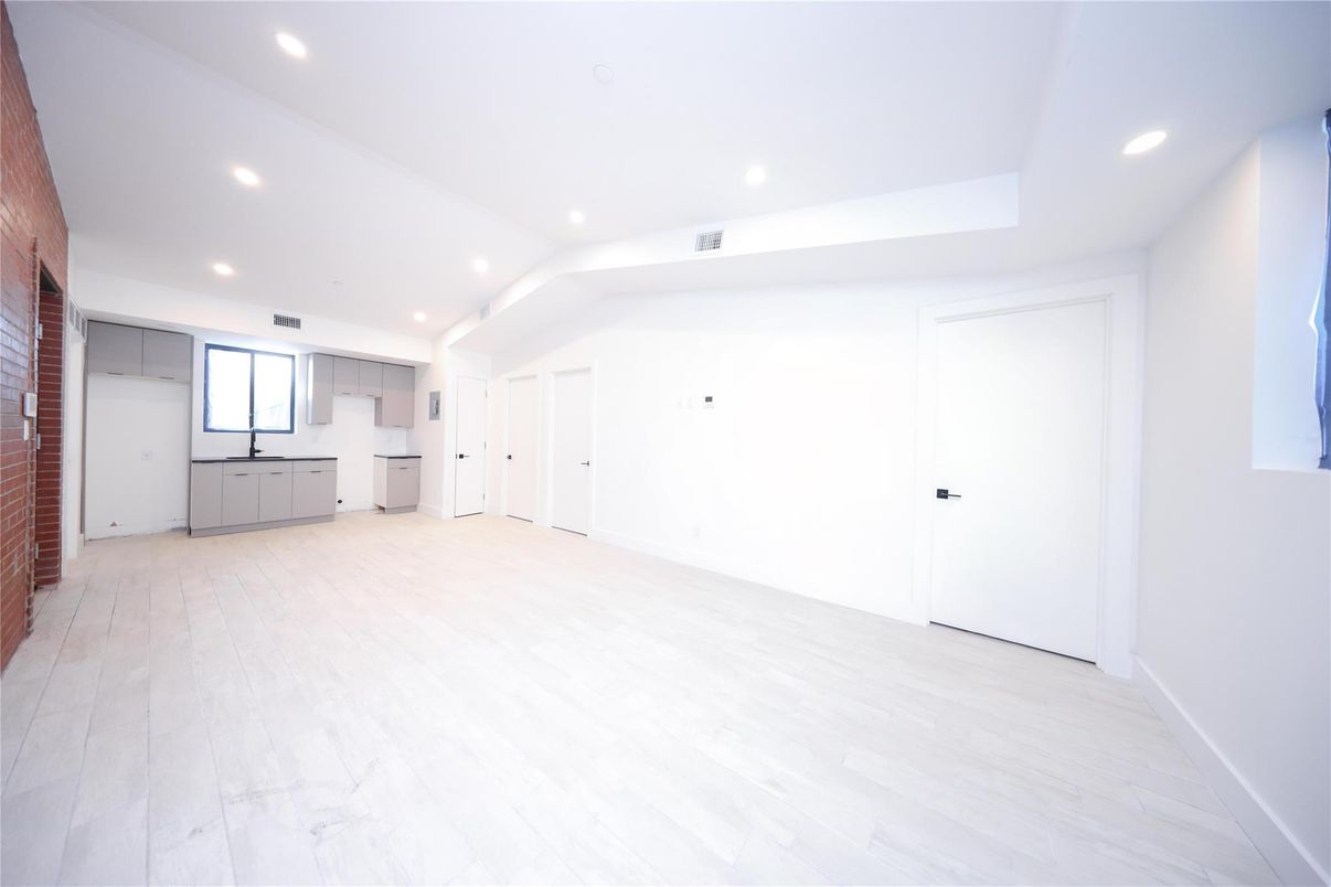 Empty room, Interior, Kitchen, Recessed Lighting, Wood Texture Flooring