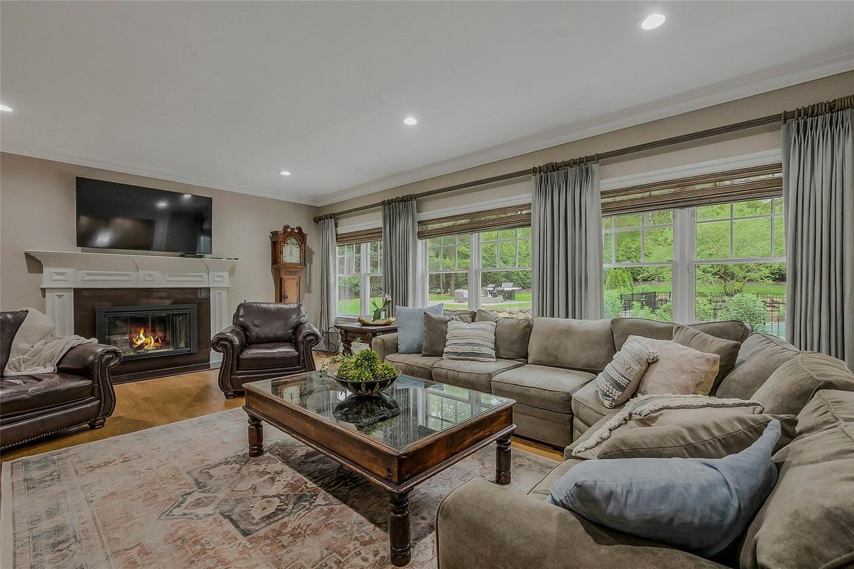 Fireplace, Interior, Living room, Recessed Lighting, Wood Texture Flooring