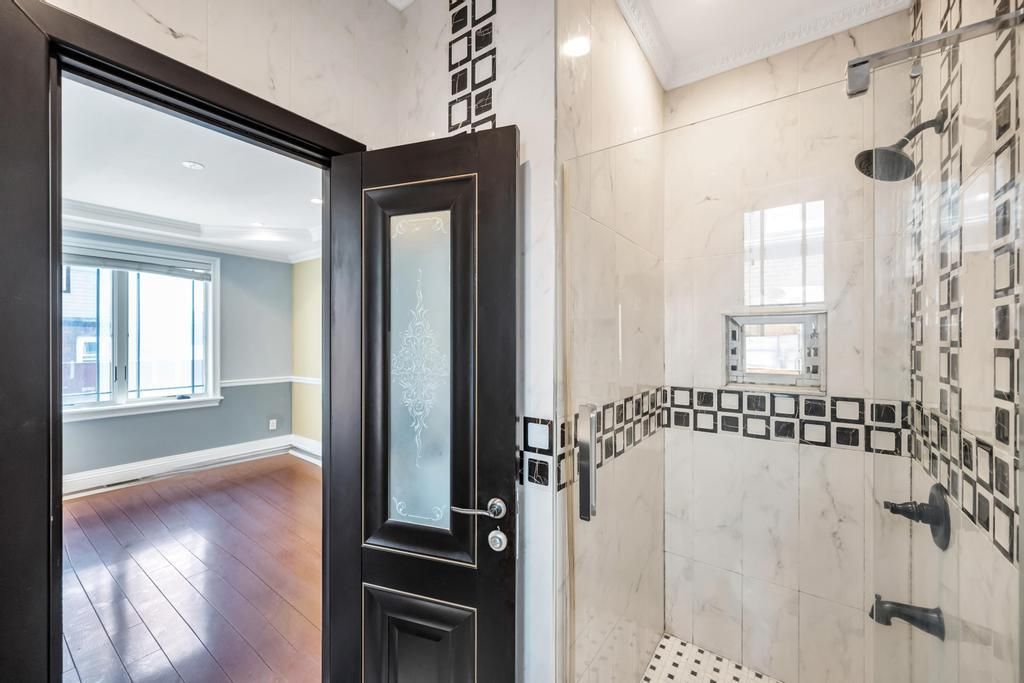 Bathroom, Interior, Marble Walls, Recessed Lighting, Wood Texture Flooring