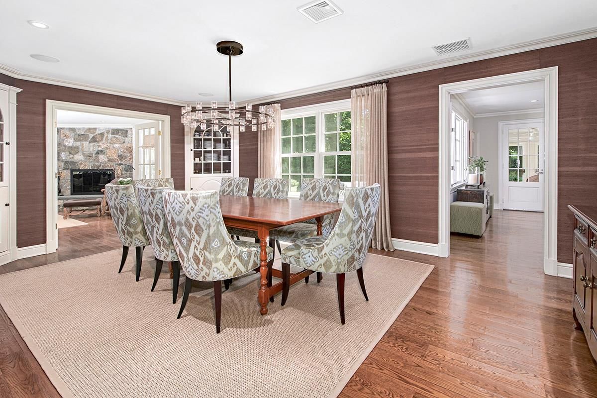 Dining room, Fireplace, Interior, Pendant Lights, Recessed Lighting, Wood Texture Flooring