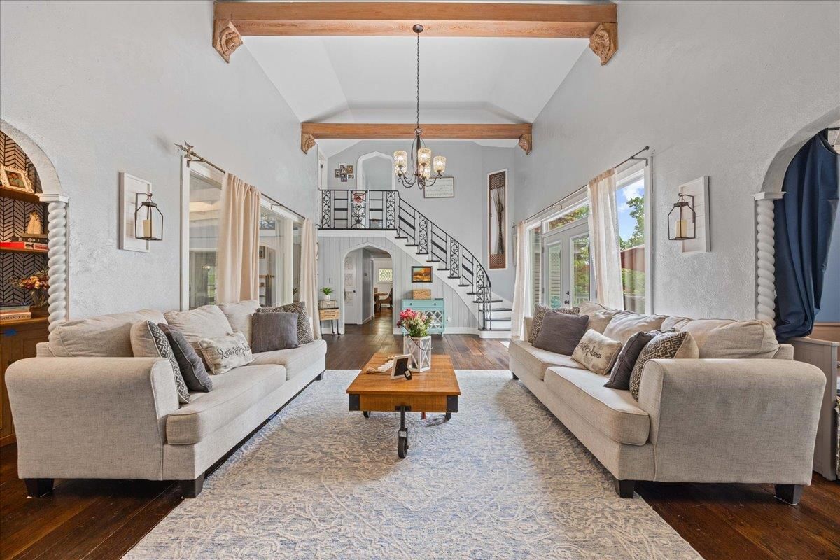 Chandelier, Interior, Living room, Wooden Beams, Wood Texture Flooring