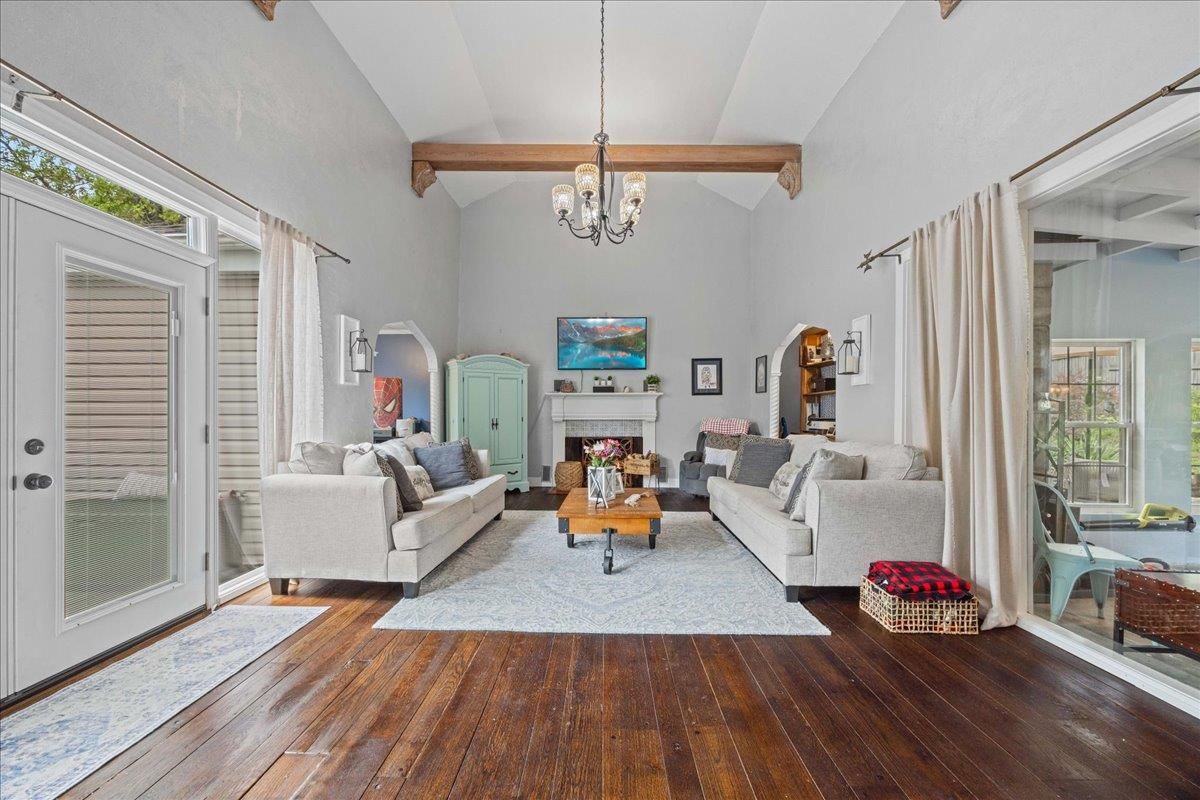 Chandelier, Fireplace, Interior, Living room, Wooden Beams, Wood Texture Flooring