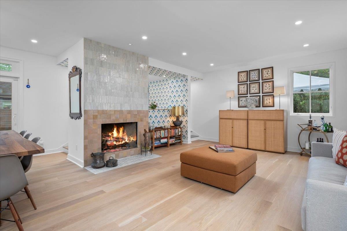 Fireplace, Interior, Living room, Recessed Lighting, Wood Texture Flooring