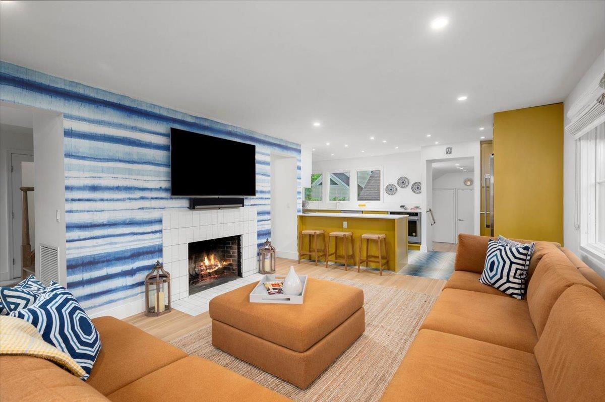 Fireplace, Interior, Kitchen, Living room, Recessed Lighting, Wood Texture Flooring