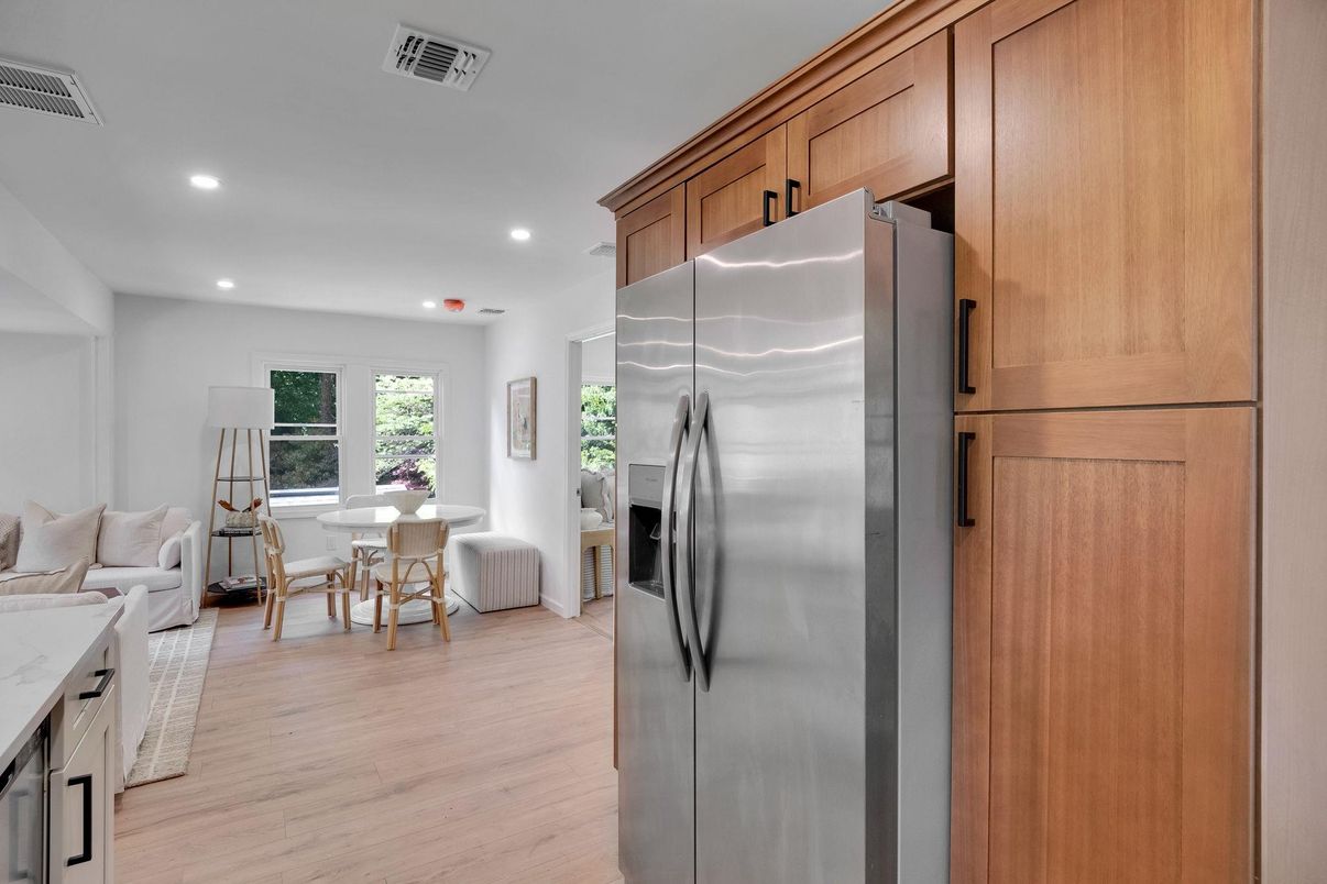 Dining room, Interior, Kitchen, Living room, Recessed Lighting, Stainless Steel Appliances, Wood Texture Flooring