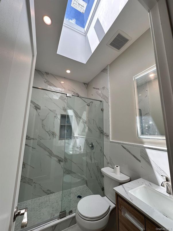 Bathroom, Glass Shower, Interior, Marble Walls, Recessed Lighting