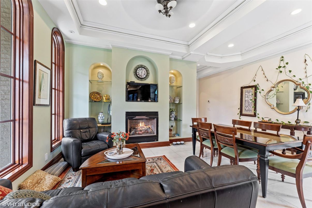 Dining room, Fireplace, Interior, Living room, Recessed Lighting